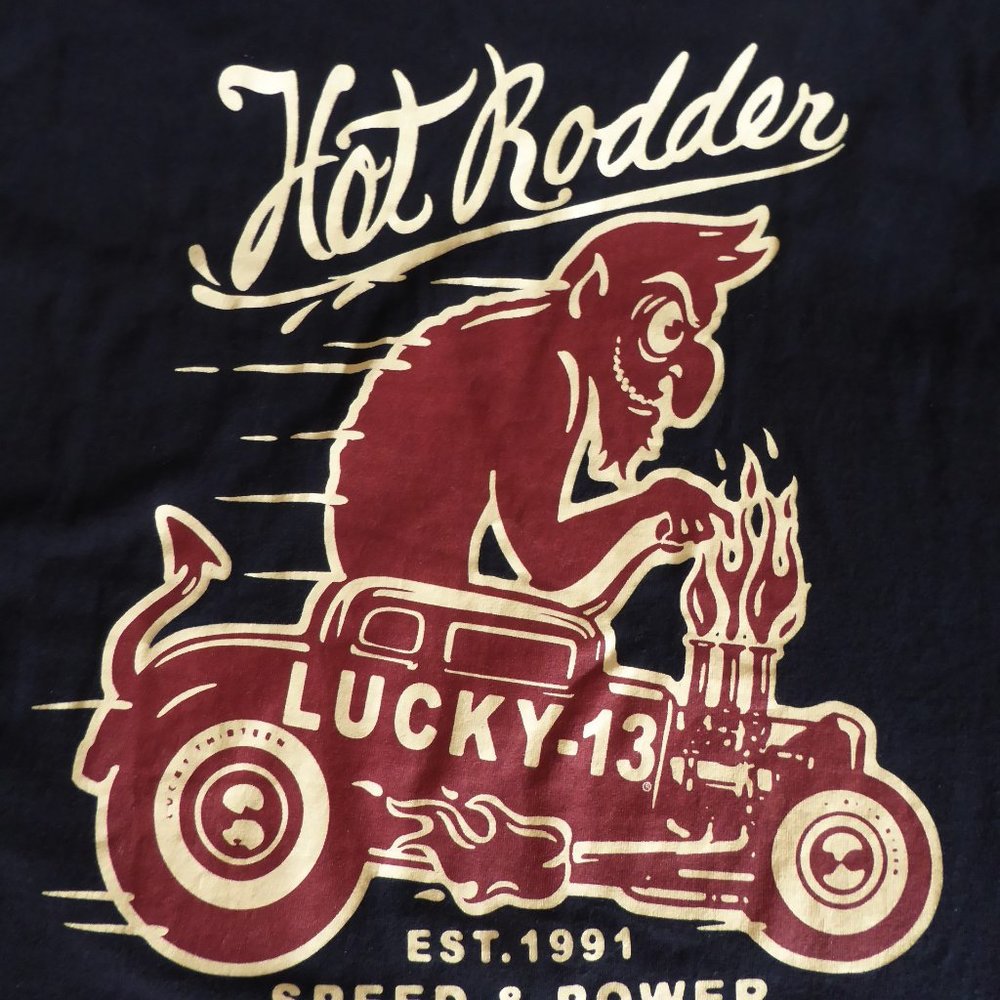 LUCKY 13 HOT RODDER DEVIL SPEED & POWER 2 SIDED BLACK L T SHIRT (PRE-OWNED)